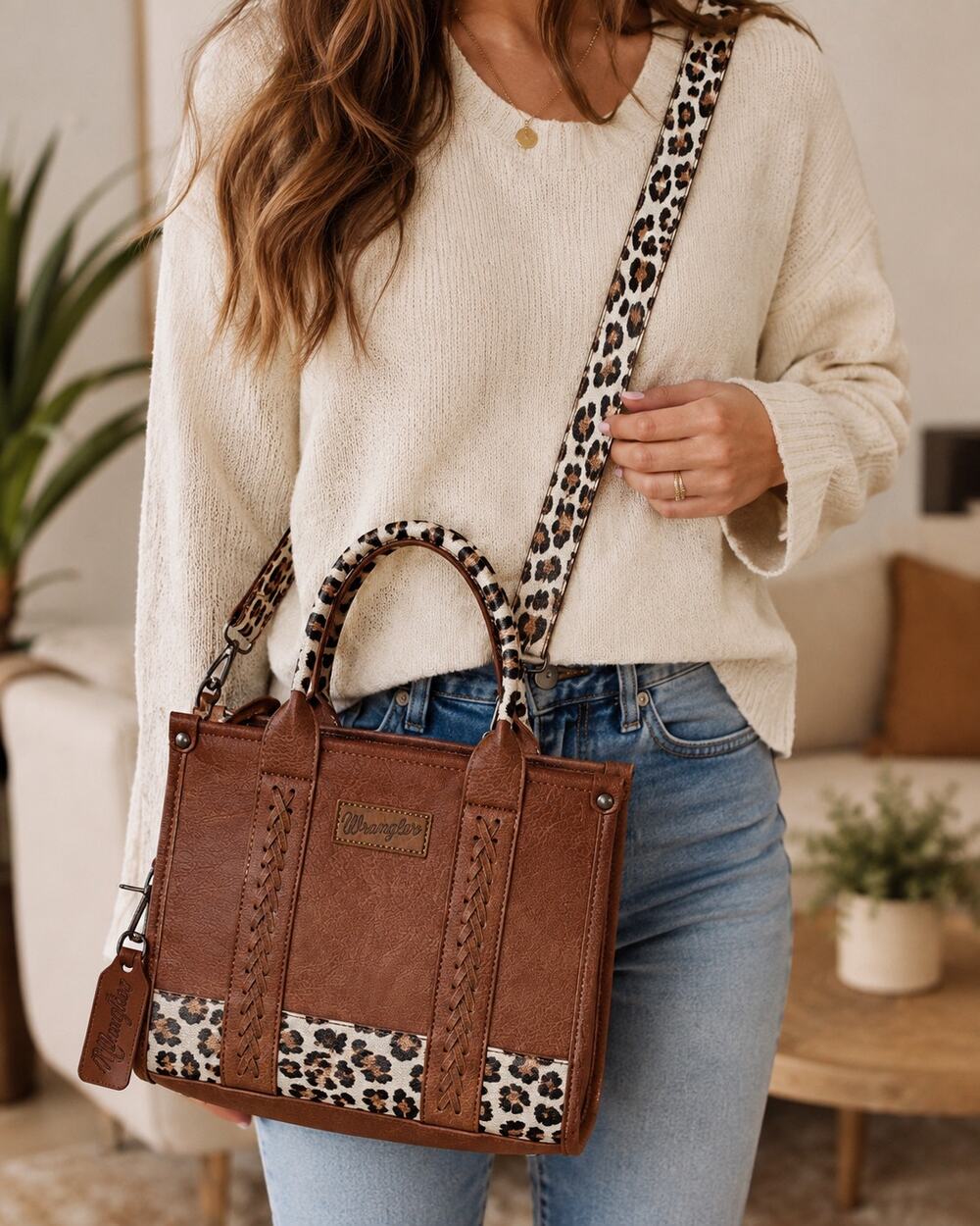 Wrangler Brown Leopard Print Satchel Crossbody Handbag Western Purse